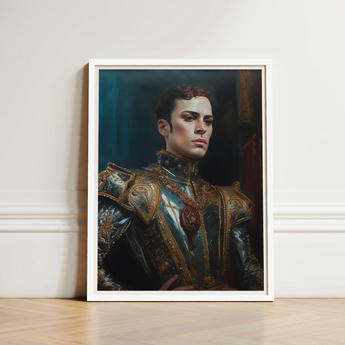 Framed Portrait Man Ornate Dark Blue Gold Armor Ostentatious Military, Regal Splendor, Art Print