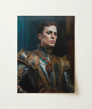 Portrait Painting Man Ornate Dark Blue Gold Armor Ostentatious Military, Regal Splendor, Art Print