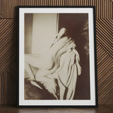 After the Bath - Edgar Degas Art Print / Canvas Black-framed Sepia-toned Photograph Nude Figure Draped, Body Curling, Lamplight Rakes,