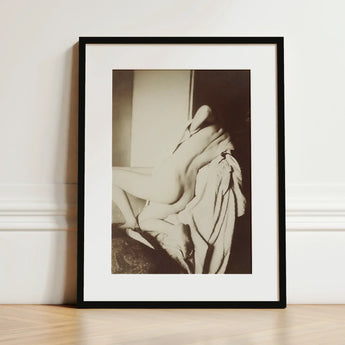 After the Bath - Edgar Degas Art Print / Canvas Black-framed Sepia-toned Photograph Nude Figure Draped, Body Curling, Lamplight Rakes,