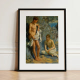 After the Bath - Henry Scott Tuke Art Print / Canvas Black-framed Classical Painting Two Nude Male Orchestrates Color, Earth Tones, Rocks