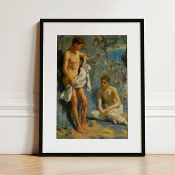 After the Bath - Henry Scott Tuke Art Print / Canvas Black-framed Classical Painting Two Nude Male Orchestrates Color, Earth Tones, Rocks