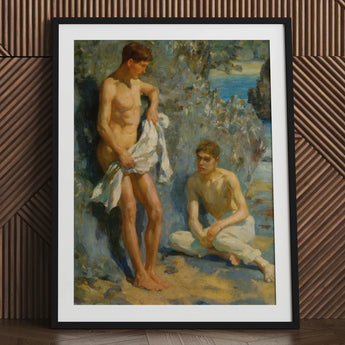 After the Bath - Henry Scott Tuke Art Print / Canvas Black Framed Oil Painting Two Shirtless Men Beach Orchestrates Color, Earth Tones,