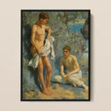 After the Bath - Henry Scott Tuke Art Print / Canvas Framed Classical Oil Painting Two Nude Male Figures Orchestrates Color, Earth Tones,