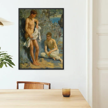 After the Bath - Henry Scott Tuke Art Print / Canvas Framed Classical Painting Two Nude Male Figures Coastal Orchestrates Color, Earth