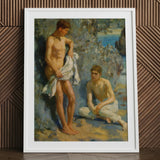 After the Bath - Henry Scott Tuke Art Print / Canvas White Framed Painting Two Men Orchestrates Color, Earth Tones, Rocks Cradle Young,