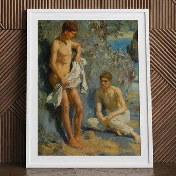 After the Bath - Henry Scott Tuke Art Print / Canvas White Framed Painting Two Men Orchestrates Color, Earth Tones, Rocks Cradle Young,