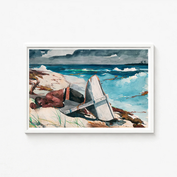 Watercolor Painting White Frame Man Beach Overturned Surfboard Winslow Homer Art, Print, Homer’s