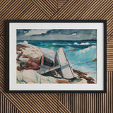After the Hurricane - Winslow Homer Art Print / Canvas Black-framed Watercolor Painting Man Beach White Boat Stormy, Homer’s Prints