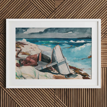 After the Hurricane - Winslow Homer Art Print / Canvas White-framed Watercolor Painting Man Sandy Beach Overturned Boat, Homer’s Prints