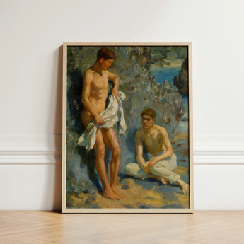 After the Bath - Henry Scott Tuke Art Print / Canvas Framed Classical Oil Painting Two Nude Male Figures Orchestrates Color, Earth Tones,