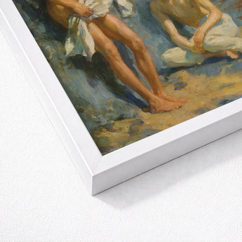 After the Bath - Henry Scott Tuke Art Print / Canvas White Framed Classical Painting Nude Figures Orchestrates Color, Earth Tones, Rocks