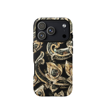 Against the Grain - Ancient Thai Woodwork Iphone Case 17 Pro / Matte Gold Black Floral Iphone Case Textured Design Made Ancient Thai