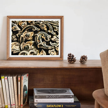 Against the Grain - Thai Woodwork Art Print, 14x11’’ / 36x28cm / Unframed, Framed Artwork Intricate Metallic Patterns Dark Background