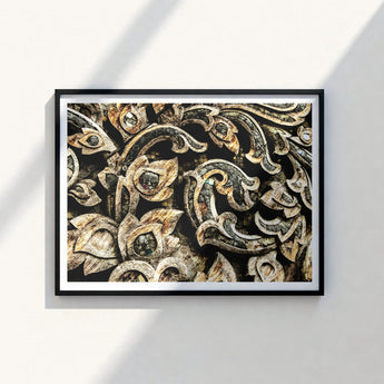 Black-framed Art Print Intricate Weathered Gold Dark Wood Ancient Thai Woodwork, Woodcarving, Surface