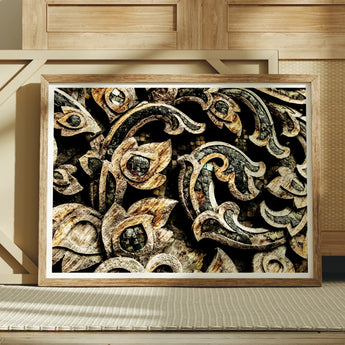 Against the Grain - Thai Woodwork Art Print / Canvas Framed Artwork Ornate Metallic Scrollwork Patterns Gold Black Ancient Thai Woodwork,