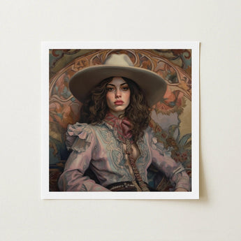 Alex - Lesbian Cowgirl Art Print / Canvas Framed Portrait Woman Wide-brimmed Hat Ornate Blouse Rendered, Vintage Wlw, Sapphic Prints