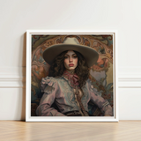 Framed Portrait Woman Wide-brimmed Hat Ruffled Blouse Set Lesbian Cowgirl Art, Vintage Wlw, Sapphic Print