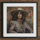 Alex - Lesbian Cowgirl Art Print / Canvas Cowboy Hat Wide Brim Intricate Lace Cream-colored Leather, Vintage Wlw, Sapphic Prints
