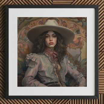 Alex - Lesbian Cowgirl Art Print / Canvas Cowboy Hat Wide Brim Intricate Lace Cream-colored Leather, Vintage Wlw, Sapphic Prints