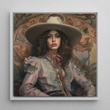 Alex - Lesbian Cowgirl Art Print / Canvas Framed Portrait Woman Wide-brimmed Hat Ornate Blouse Rendered Lesbian Cowgirl Art, Vintage Wlw,