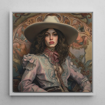 Alex - Lesbian Cowgirl Art Print / Canvas Framed Portrait Woman Wide-brimmed Hat Ornate Blouse Rendered Lesbian Cowgirl Art, Vintage Wlw,