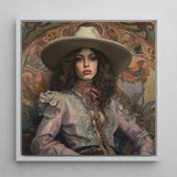 Alex - Lesbian Cowgirl Art Print / Canvas Framed Portrait Woman Wide-brimmed Hat Ornate Blouse Rendered, Vintage Wlw, Sapphic Prints
