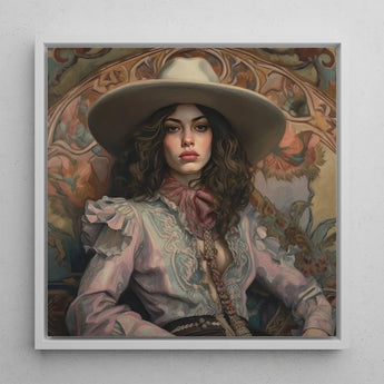 Alex - Lesbian Cowgirl Art Print / Canvas Framed Portrait Woman Wide-brimmed Hat Ornate Blouse Rendered, Vintage Wlw, Sapphic Prints