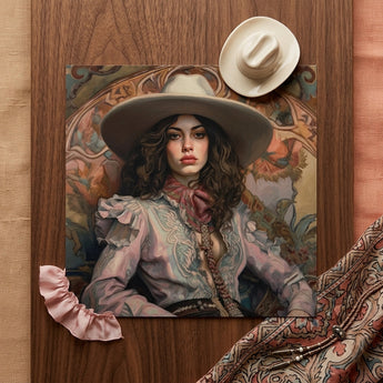 Alex - Lesbian Cowgirl Art Print / Canvas Framed Portrait Woman Wide-brimmed Hat Ornate Blouse Ruffled Lesbian Cowgirl Art, Vintage Wlw,