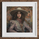 Alex - Lesbian Cowgirl Art Print / Canvas White Cowboy Hat Wide Brim Intricate Lace Lesbian Cowgirl Art, Vintage Wlw, Sapphic Art Print