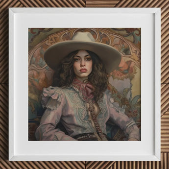 Alex - Lesbian Cowgirl Art Print / Canvas White Cowboy Hat Wide Brim Intricate Lace, Vintage Wlw, Sapphic Prints