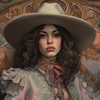 Alex - Lesbian Cowgirl Art Print / Canvas Wide-brimmed Beige Hat Intricate Carved Lesbian Cowgirl Art, Vintage Wlw, Sapphic Art Print