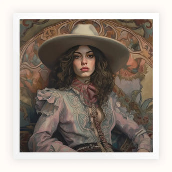 Alex - Lesbian Cowgirl Art Print / Canvas Woman Wide-brimmed Beige Hat Ornate Light Pink Blouse, Vintage Wlw, Sapphic Prints