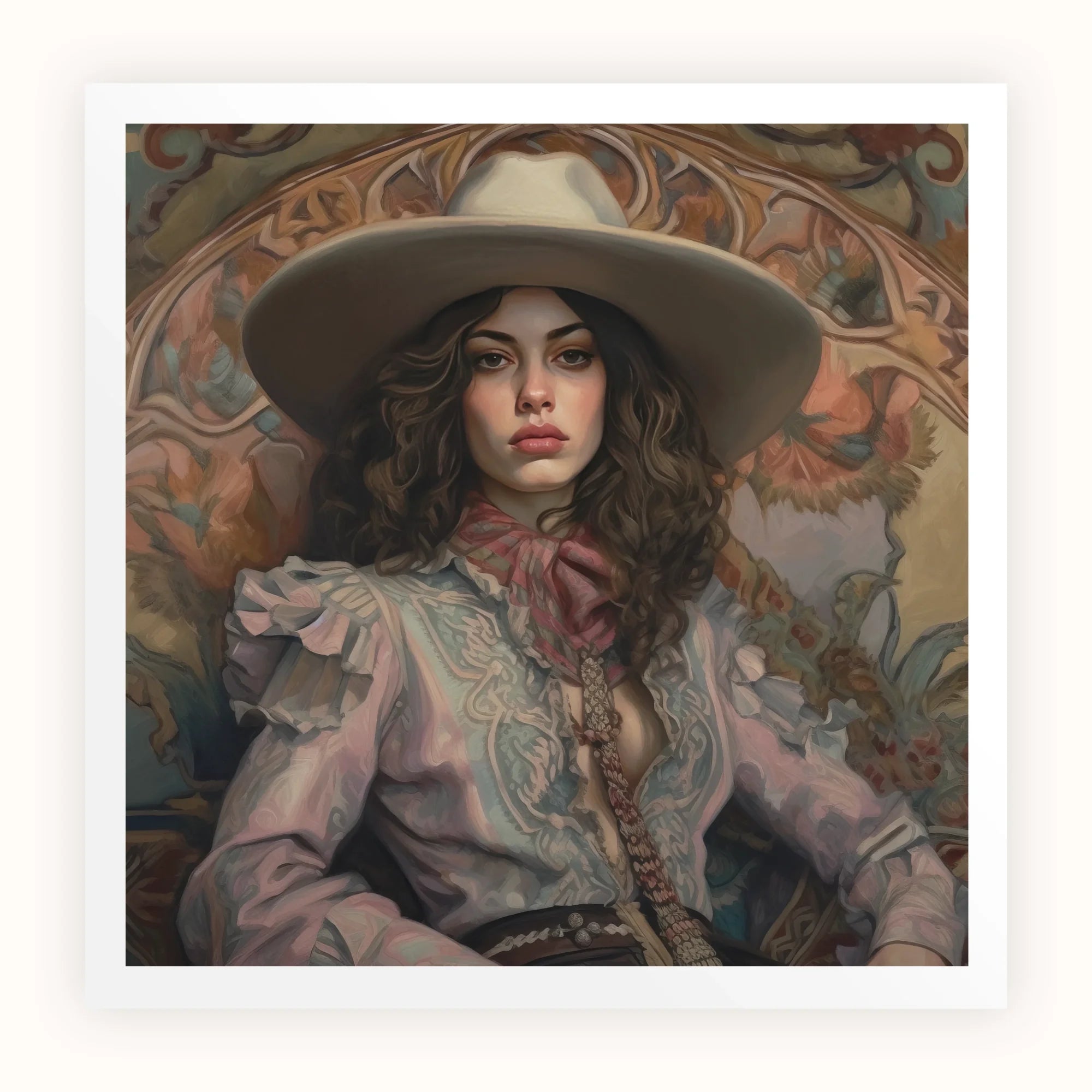 Alex - Lesbian Cowgirl Art Print, Portrait Painting Figure Wide-brimmed Hat Victorian-style Ruffled Blouse