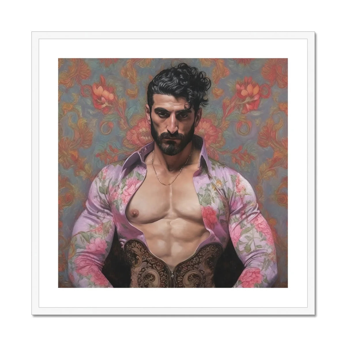 Alonso Queer Matador Art Print, Bearded Person Open Floral Pink Shirt Dark Patterned