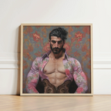 Framed Portrait Muscular Man Dark Curly Hair Beard Gay Matador, Art Print, Meet Alonso