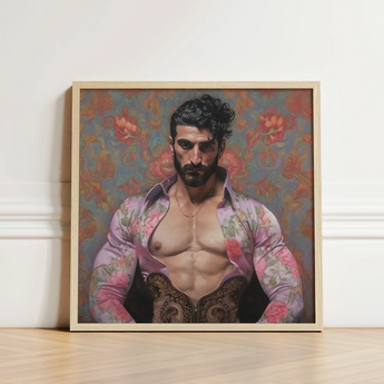 Framed Portrait Muscular Man Dark Curly Hair Beard Gay Matador, Art Print, Meet Alonso
