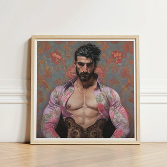 Framed Portrait Muscular Man Open Floral Shirt Ornate Gay Matador, Art Print, Meet Alonso