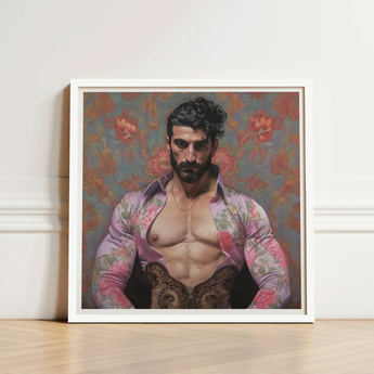Framed Portrait Muscular Man Dark Curly Hair Beard Gay Matador, Art Print, Meet Alonso