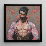 Alonso - Queer Matador Art Print / Canvas Black-framed Canvas Portrait Muscular Man Dark Curly Hair Gay Matador, Matador Art Print, Meet