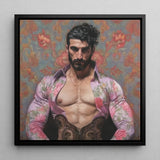 Alonso - Queer Matador Art Print / Canvas Black-framed Portrait Muscular Man Dark Curly Hair Gay, Meet Prints