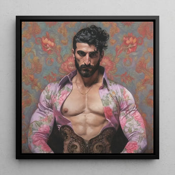 Alonso - Queer Matador Art Print / Canvas Black-framed Portrait Muscular Man Dark Curly Hair Gay, Meet Prints