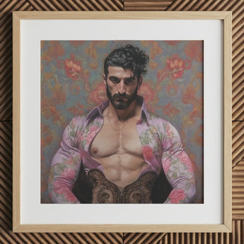Alonso - Queer Matador Art Print / Canvas Framed Muscular Man Open Floral Shirt Ornate Gay, Meet Prints