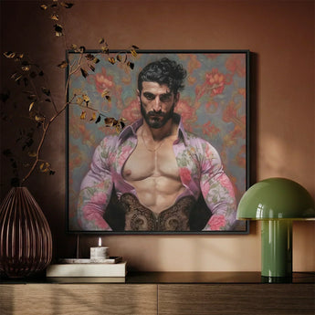 Alonso - Queer Matador Art Print / Canvas Framed Portrait Muscular Man Dark Curly Hair Beard Gay, Meet Prints
