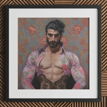 Alonso - Queer Matador Art Print / Canvas Framed Portrait Muscular Man Open Floral Shirt Gay, Meet Prints