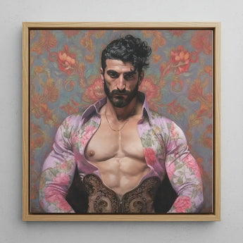 Alonso - Queer Matador Art Print / Canvas Square-framed Portrait Painting Muscular Man Floral Pink Shirt Gay, Meet Prints