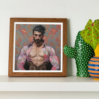 Alonso - Queer Matador Art Print / Canvas Wooden-framed Portrait Muscular Man Tattoos Ornate Vest Floral Gay, Meet Prints