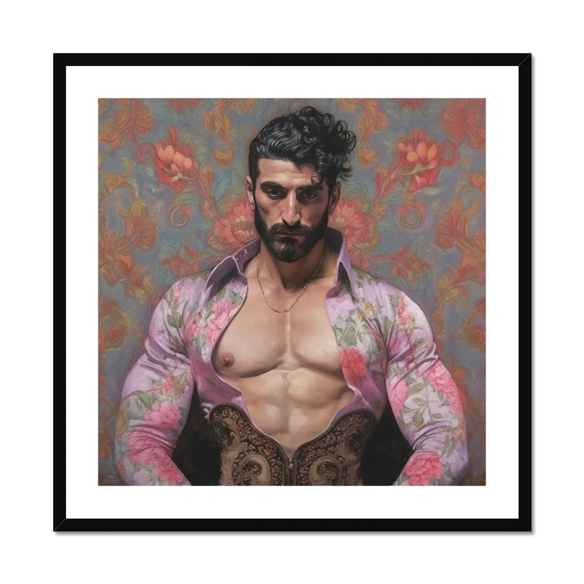 Alonso Queer Matador Art Print, Muscular Person Open Floral Pink Shirt Dark Patterned