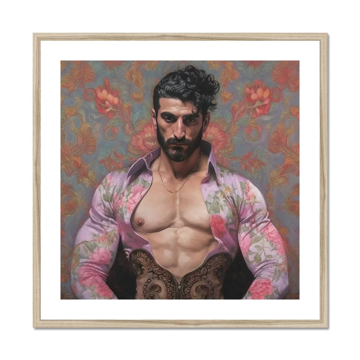 Alonso Queer Matador Art Print, Muscular Person Open Pink Floral Shirt Backdrop