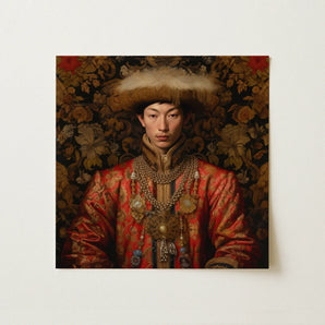 Altan Jinong - Gay Ordos Mongol Prince Art Print / Canvas Portrait Young Man Ornate Traditional Attire Rich Red